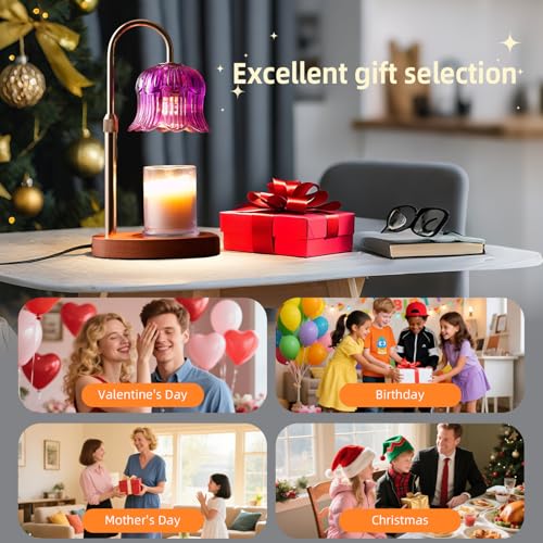 Candle Warmer Lamp with Timer: Dimmable Candle Warmer Lamps Height Adjustable Purple Flower Candle Lights - color: Purple
