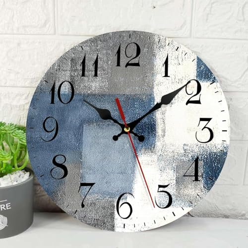 Round Wall Clock Silent Non-Ticking 10" Abstract Vintage | Painting Blue Grey Battery Operated Clock Home Decor for Living Room, Kitchen, Bedroom, and Office - color: Modern 18