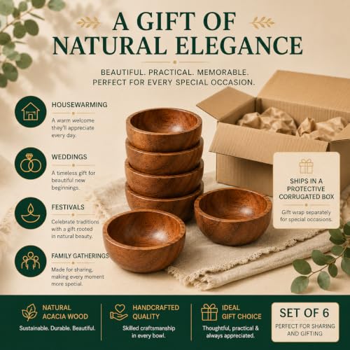 Acacia Wood Bowls: Handcrafted, Rustic, 6 Bowls of 3.75-inch, 0.25 liters Capacity Each - size: 6 Bowls of 3.75-Inch (0.25 Liters)