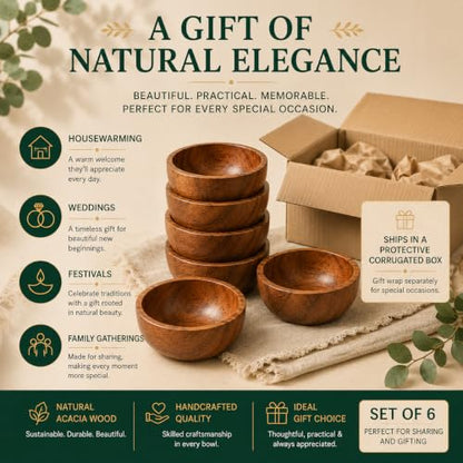 Acacia Wood Bowls: Handcrafted, Rustic, 6 Bowls of 3.75-inch, 0.25 liters Capacity Each - size: 6 Bowls of 3.75-Inch (0.25 Liters)