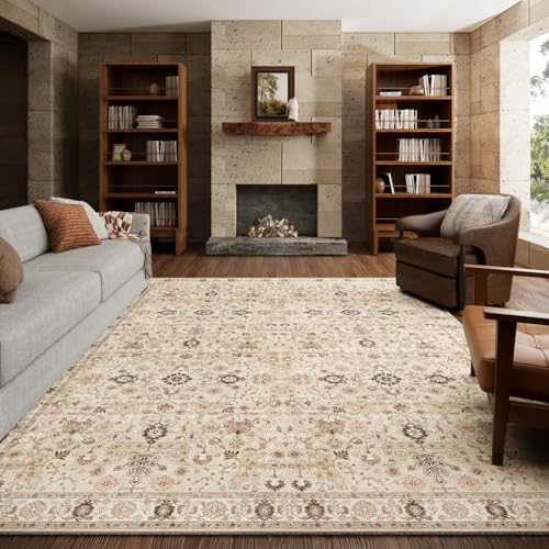 Machine Washable Rugs for Living Room: 8x10 Area Rugs for Bedroom | Ultra Soft,Non-Slip,Low Pile,Vintage Distress,Boho,Large,Carpet,High-Traffic,Dining Room,Nursery,Farmhouse Decor - color: Brown/Yellow/Multi, size: 8' x 10' (Rectangular)
