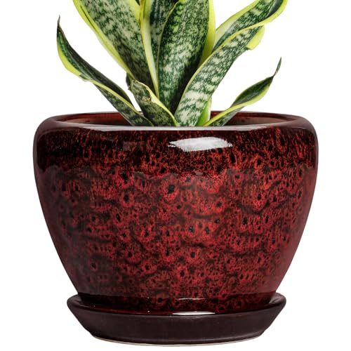 6 Inch Ceramic Pots for Plants - Indoor Plant Pots with Drainage Hole and Saucer, Decorative Planters for Outdoor Plants, Modern Planter, Living Room Decor, Gardening Gifts, Red Leopard - color: Red Leopard, size: 6 Inch