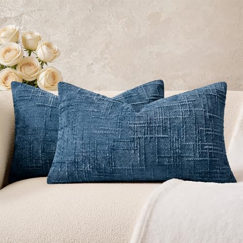 Throw Pillow Covers Pack of 2 12x20 Inch Textured Lumbar Pillow Covers, Soft Chenille Blue Decorative Neutral Covers for Couch Sofa Bed Livingroom, Farmhouse Home Boho Decor - color: Blue, size: 20" x 12" (Pack of 2)