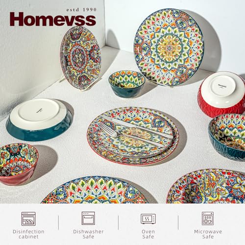 Boho 10 Pieces Dinnerware Sets, Plates and Bowls Set, Porcelain Dishes Set for 2, Microwave and Dishwasher Safe, Scratch Resistant, Bohemian Style Dining Ware, Mixed Colors of Green & Red - color: Mixed 1