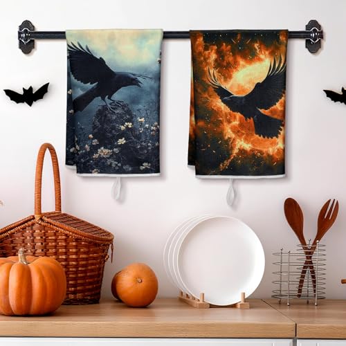 Fourluoo 8 Pcs Gothic Kitchen Towels Set Crow Goth Hand Dish Towels Gothic Tea Cloths for Home Kitchen Bathroom Goth Decor Gifts, 16 x 24 inch - style: Crow