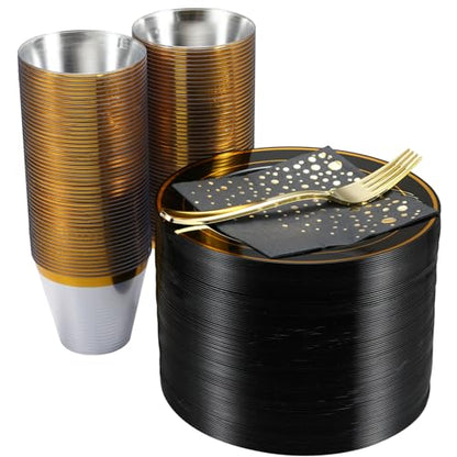 Black and Gold Dessert Plates Set, 100 Plates, Cups, Forks and Napkins | Sturdy plastic, cake service, appetizer tables, salad course, weddings, graduations, easy cleanup - color: Black, style: Plates,Forks,Napkins and Cups