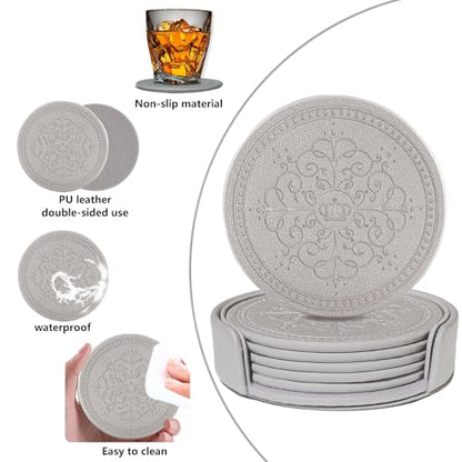 Coasters Set of 6 - PU Leather Coasters for Drinks with Holder - Silver - color: Silver