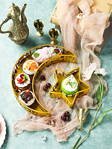 2PCS Ramadan Serving Trays Decorations for Home - Moon Star Shaped Eid Mubarak Table Decor Gifts, Islam Muslim Al-Fitr Iftar Party Crescent Iron Platters Dishes(Palace Pattern) - style: Palace