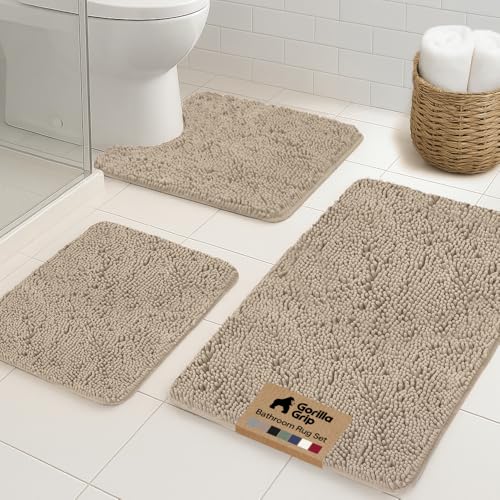 GORILLA GRIP Bathroom Rug Sets 3 Piece, Bath Mat Set and Oval Toilet Base with Rubber Backing, Plush Absorbent Shaggy Chenille Washable Mats, Includes 24x19.5, 24x17 and 30x20 Inch Rugs, Gray Beige - color: Gray Beige, style: 24"x19.5" + 24"x17" + 30"x20"