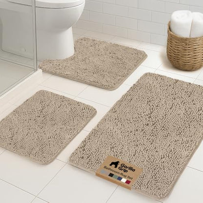 GORILLA GRIP Bathroom Rug Sets 3 Piece, Bath Mat Set and Oval Toilet Base with Rubber Backing, Plush Absorbent Shaggy Chenille Washable Mats, Includes 24x19.5, 24x17 and 30x20 Inch Rugs, Gray Beige - color: Gray Beige, style: 24"x19.5" + 24"x17" + 30"x20"