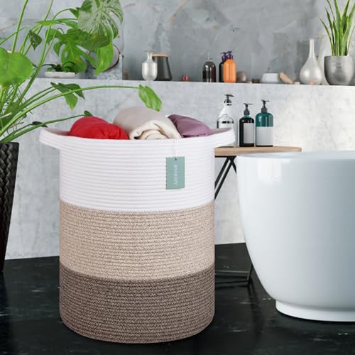 Cotton Rope Blanket Basket, 72L Laundry Hamper, White & Ombre Brown | 16"x 22", Large Collapsible Woven Nursery Hamper with Sturdy Handles for Clothes Toys Towels, Bedroom Living Room Bathroom - color: White & Gradient Brown, size: 72L (16"x22")