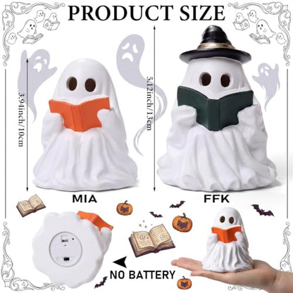 Fumete 2 Pcs Reading Ghost Halloween Decorations - Aesthetic Spooky Resin Light up Cute Ghost Couple with Book, Halloween Indoor Figurines for Mantel, Shelf & Tabletop Cozy Room Party Decor - style: Reading Ghosts