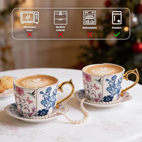 KAMMAK Tea Cups and Saucers Set of 2, 8 oz Porcelain Coffee Cups, YX018 | Stackable Espresso Mugs, Ceramic Demitasse for Coffee, Cappuccino, Latte, Americano, Tea - size: 8CZYX018