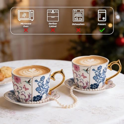 KAMMAK Tea Cups and Saucers Set of 2, 8 oz Porcelain Coffee Cups, YX018 | Stackable Espresso Mugs, Ceramic Demitasse for Coffee, Cappuccino, Latte, Americano, Tea - size: 8CZYX018