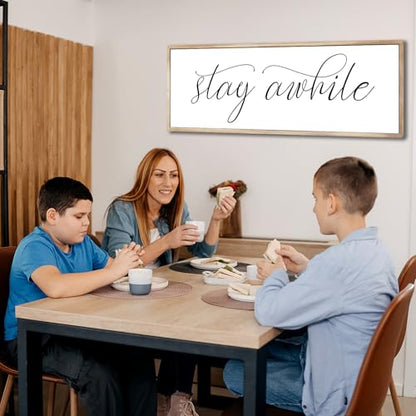 Rutiyoka Stay Awhile Sign Framed Farmhouse Dining Room Wall Decor Large 42"×15" Wood Kitchen Wall Art Brown - color: stay awhile (brown frame)