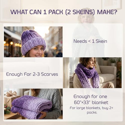 Beginner Chunky Yarn for Hand Knitting Ombre Blankets, Plush Chenille Fade | Long-fade ombre chenille chunky yarn - #7 Jumbo - 42oz/1200g - 81 Yards - Lavender Purple - color: Lavender Purple (0.8" Thick)