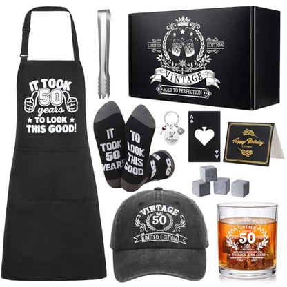 50th Birthday Gifts for Men 50th Birthday Party Supplies | Include 11 Oz Glass Stone Ice Tong Bottle Opener Cap Apron Socks Keychain Greeting Card for Him, Dad, Husband, Friends - style: 50th