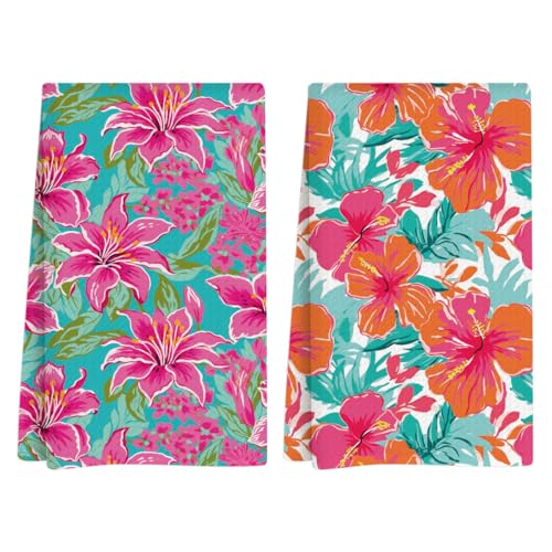 Summer Flower Kitchen Towels, Summer Kitchen Bathroom Decor, Housewarming Gifts, Flower Waffle Decorative Dish Hand Towel for Seasonal Holiday Bathroom Home Bar Baking Set of 2 14x24 Inch - color: Flower-5