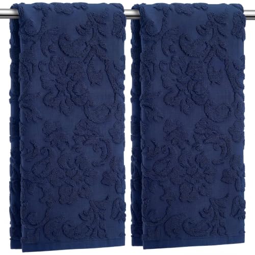 SmoothNovelty 2 Pcs Navy Blue Jacquard Hand Towels for Bathroom Floral Hand Towels 100% Cotton Absorbent Decorative Weave Bath Washcloth Bathroom Decor Gift, 13.7 x 29.5 Inch - color: Navy Blue, style: Floral