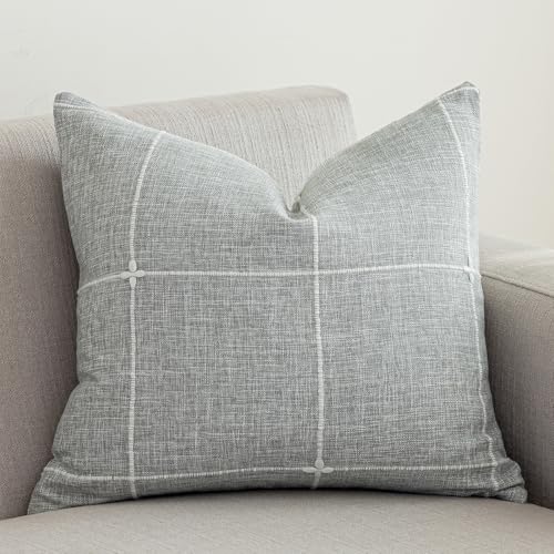 vctops Rustic Lattice Cotton Linen Decorative Throw Pillow Cover Embroidery Square Cushion Cover Pillowcase for Sofa Bedroom Couch (Plaid Grey, 16"x16") - color: Plaid Grey, size: 16" x 16" (Pack of 1)