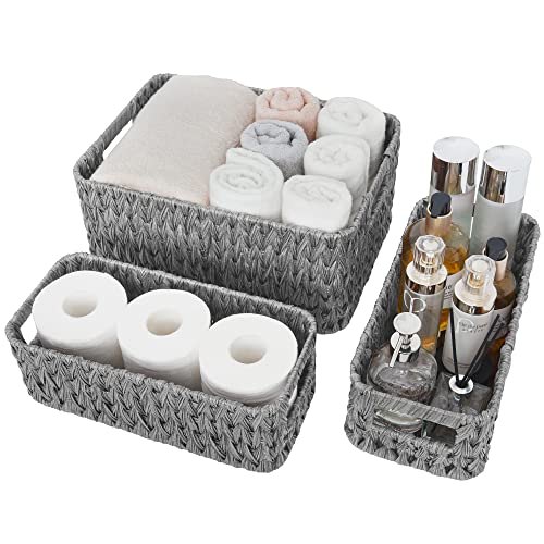 GRANNY SAYS Wicker Baskets for Organizing, Storage Baskets for Shelves | Small Woven Storage Baskets for Shelf, Rattan Basket for Organizing, Wicker Basket Set, 3-Pack Small Waterproof Baskets - color: Gray, size: 14½"L x 10¼"W x 7"H + 2x 13"L x 6"W x 4½"