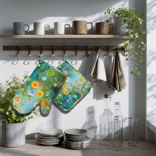 Abstract Oil Painting Flowers Oven Mitts and Pot Holders Sets Non-Slip Silicone Surface for BBQ Gloves,Kitchen,Cooking,Baking,Grilling - color: Abstract Oil Painting Flowers