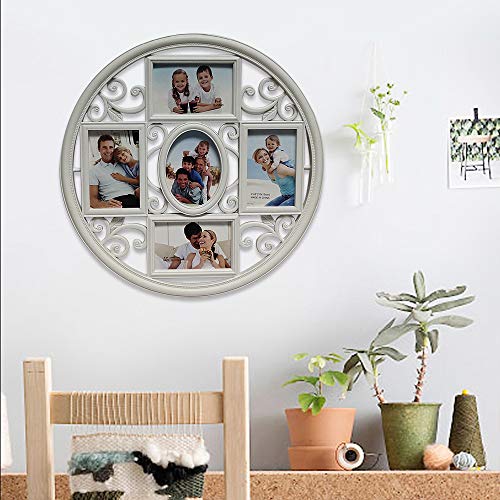 MKUN 2Pack of 4x6 Wall Photo Collage Frames - Round Circular Circle Wall Hanging Picture Collage Frame with Leaf Decoration, 5- Opening (White) - color: White