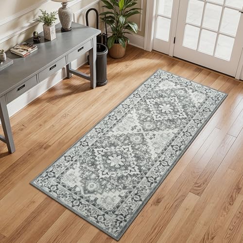 2 x 5 Runner Entryway Rug, Machine Washable Kitchen Rugs Grey White | Faux Wool Low Pile Long Rug for Bedroom Hallway, Floral Medallion Boho Vintage Carpets with Non-Slip Rubber, Stain Resistant - color: Grey Beige, size: 2' x 5' (Runner)
