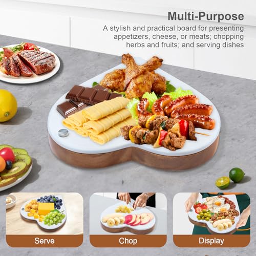 8.2" Valentine Heart-Shaped Acacia Wood Cheese & Charcuterie Board with 360° Rotating Marble Lid and Cheese Utensil Set (Spade, Knife, Fork) - Housewarming, Birthday & Wedding Gift - size: Heart Shaped 8.2"