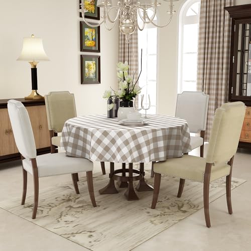 Round Waterproof Vinyl Table Cloth, Buffalo Flannel Backed Tablecloth, Wipeable Plastic Table Cover for Dinner, Kitchen, Picnic (60", Khaki and White) - color: Khaki and White, size: 60" (Round)
