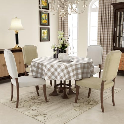Round Waterproof Vinyl Table Cloth, Buffalo Flannel Backed Tablecloth, Wipeable Plastic Table Cover for Dinner, Kitchen, Picnic (60", Khaki and White) - color: Khaki and White, size: 60" (Round)
