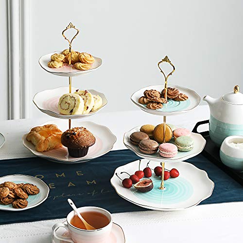 Sweejar 3 Tier Ceramic Cake Stand,Dessert Stand,Cupcake Stand,Tea Party Pastry Serving Platter,Food Display Stand for Tea/Coffee/Birthday/Wedding/Women/Afternoon/Gift - Blue - color: Blue