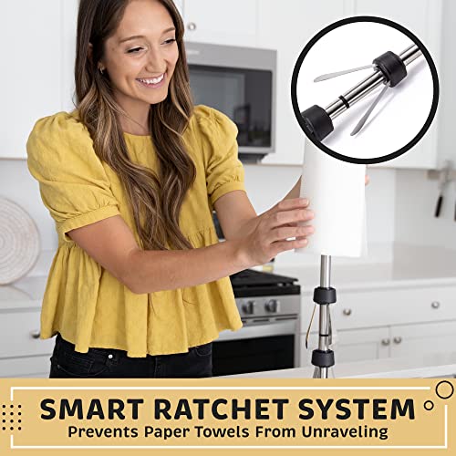 Heavy-Duty Stainless Steel Paper Towel Holder - Easy One-Handed Tear with Suction Cups - Modern Weighted Standing Countertop Dispenser for Kitchen - Holds All Paper Towel Rolls, Silver - color: Silver