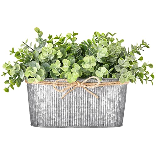 Dahey Artificial Fake Plants Indoor for Farmhouse Table Laundry Room Decor | Realistic Eucalyptus, Metal Rustic Rectangular Pot, Table Centerpiece for Bathroom Kitchen Shelf Office Living Room, Grey - color: Grey