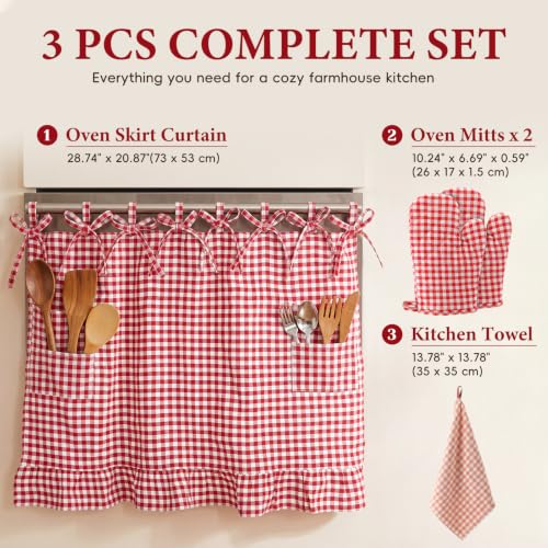 4 Pcs Red Gingham Oven Skirt Curtain Set with Mitts & Hand Towel | 29 x 21 in Farmhouse Rustic Kitchen Stove Cover, Heat-resistant Door Curtain with Ribbon Ties, for Holiday & Everyday Kitchen