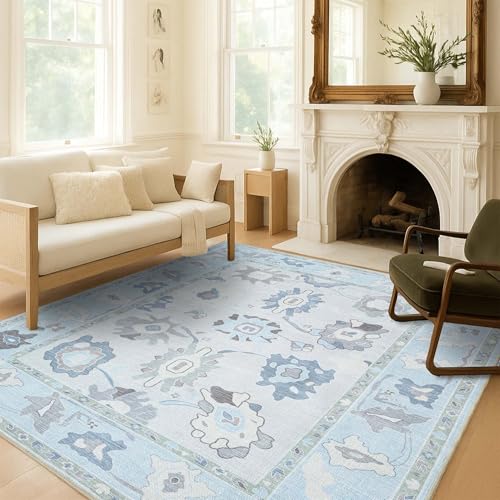 Fame Living Cream Blue Oushak Rug, Modern, Vintage, Turkish, Eclectic, Floral, Pastel, Washable, Area Rugs for Living Room, Dining, Bedroom, Office, Entryway, Foyer, Playroom, Nursery, 4'x6' - color: Cream Blue, size: 4' x 6' (Rectangular)