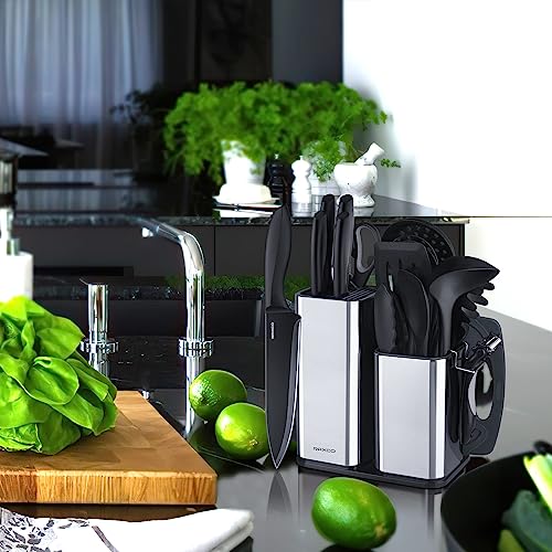 Kitchen Utensils Set,18-Piece Cooking Utensils and Knife Set,Black | Food-grade Silicone Heat-safe to 410°F, Detachable Stainless Steel Holder, 5 Kitchen Knives and Cutting Board All-in-one - color: Black