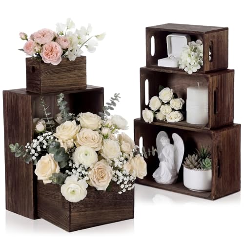 AceOrbit Set of 6 Wood Crates with Handles, Rustic Decorative Storage Boxes Distressed Wooden Nesting Display Baskets for Farmhouse, Wedding, Party Storage Display Supplies (Dark Brown) - color: Dark Brown