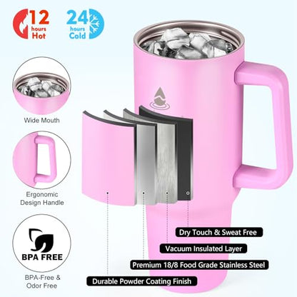 40 oz Tumbler with Handle and Straw or Convert to 40 oz Insulated Water Bottle Fits in Cup Holder. Stainless Steel Metal Water Flask with 2 Lids for Travel,Camping,Gym Sports Coffee Mug Thermal Cup - color: Lavender Purple