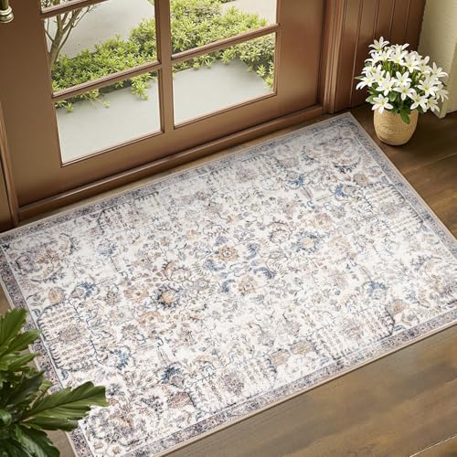 jinchan Distressed Vintage Medallion Area Rug, 2x3 Blue, Washable Non Slip | Distressed Finish, Low Profile, Soft Comfort, Easy Care, Pet Friendly, Entryway Kitchen Sink Bathroom Vanity Bedroom Decor - color: Vintage Blue Multi, size: 2' x 3' (Rectangular