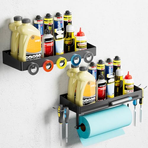 SUNTECH Garage Paper Towel Holder with 2 Shelves, Wall-Mount (Black) | One-Hand Tear Design, Comes with 2 hooks, Suitable for Shop, Toom Room, Ideal for Garage Storage and Organization - color: Black, size: 12.8-inch(2 Pack)