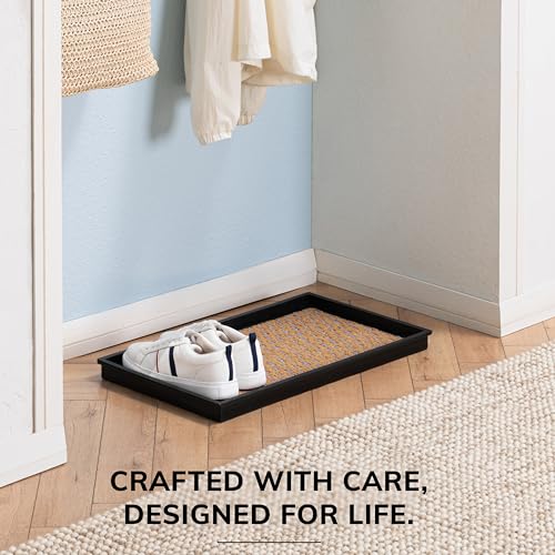Anji Mountain AMB0BT2F-007 Black Rubber Boot/Shoe Tray with Coir, Fits 2 Pair (24.5" Wide), Tan & Blue Insert - color: Tan and Blue Insert, size: 24" x 14" x 1.5"