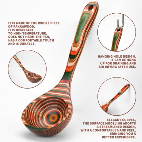 Pakkawood Ladle, Colorful Multicolor, 10.2 Inch, Hand Polished with Vegetable Oil Finish, Hanging Hole, Streamlined Design - style: 1 PCS Red & Green Ladle