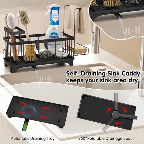 VOOWO Sponge Holder for Kitchen Sink, Compact Sink Caddy with Brush Holder | 304 Rustproof Stainless Steel Dish Soap Holder, Small Kitchen Sink Organizer, Self-Draining Dish Wand Holder with Towel Rack - color: Black