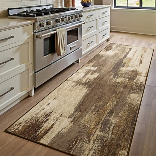 Kelarea Washable Runner Rug 2x6, Non-Slip Low Pile Abstract Brown | Water & Stain Resistant, Pet Friendly, Easy Clean, Ultra Soft, for Entrance, Kitchen, Bedroom, Hallways - color: Brown, size: 2' x 6' (Rectangular)