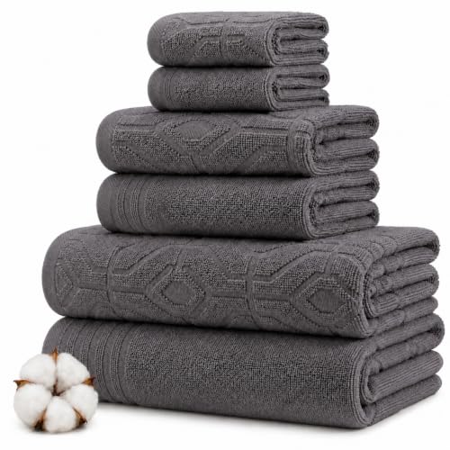 Modern Threads 6 Piece Cotton Bath Towel Set – Ultra Soft 550 GSM Towels – Bathroom Set with Hand Towels and Washcloths – Geometric (Charcoal) - color: Charcoal, size: Standard, style: Geometric