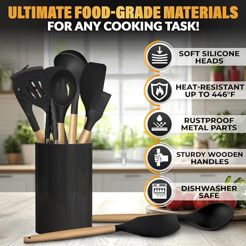 14 Pcs Black Kitchen Utensils Set with Holder for Nonstick Cookware | Silicone Cooking Utensils Set for BBQ; Heat-Resistant Tools with Wooden Handles for Baking, Serving, Frying, and Mixing - color: Classic Black