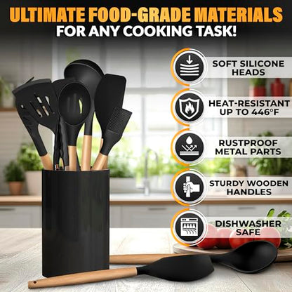 14 Pcs Black Kitchen Utensils Set with Holder for Nonstick Cookware | Silicone Cooking Utensils Set for BBQ; Heat-Resistant Tools with Wooden Handles for Baking, Serving, Frying, and Mixing - color: Classic Black