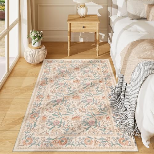 DUKINO 3x5 Rug, Washable Vintage Floral Bedroom Area Rug Non Slip, Beige | Low Pile, Non-Shedding, Stain Resistant Boho Lightweight Soft Indoor Carpet for Bathroom Office Dining Living Room Farmhouse - color: Beige Peach, size: 3' x 5' (Rectangular)