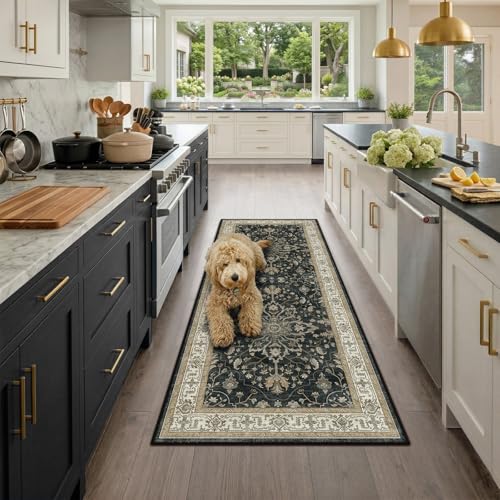 RELEANY Washable Vacuum-Friendly Area Rugs Runner 2'x6' Black/Vintage | Low Pile Stain-Resistant, Soft Non-Slip, Floral Vintage Distress Print Pattern Medallion, for Living Room Bedroom Hallway - color: Black/Vintage, size: 2' x 6' (Rectangular)